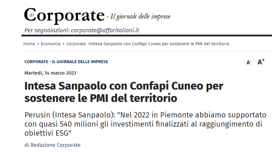 Intesa Sanpaolo e Confapi Cuneo per sostenere le PMI del territorio