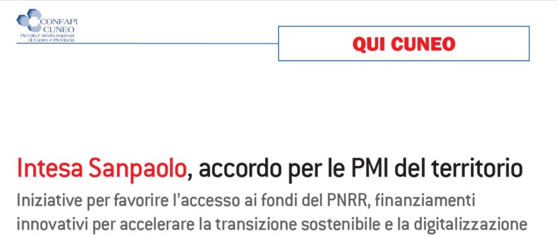 Intesa Sanpaolo, accordo per le PMI del territorio