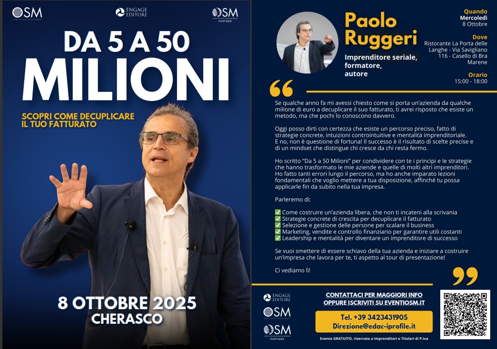 SEMINARIO SU COME SVILUPPARE LA PROPRIA IMPRESA TENUTO DA PAOLO RUGGERI PER OSM - 8/10/2025 DALLE ORE 15 ALLE 18